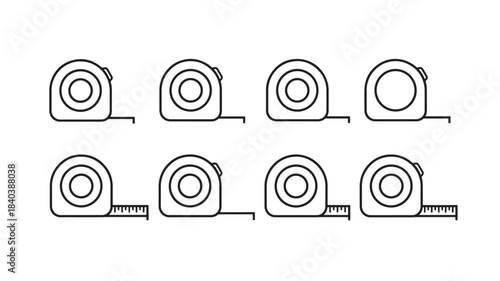 a set of four simple black line art tape measure icons arranged in a grid pattern on transparent background silhouette high quality professional detailed modern elegant