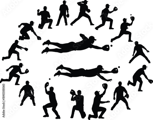 Baseball player silhouettes performing catching and fielding actions, athlete poses, sports motion figures, dynamic baseball movements, training positions, and competitive game illustration elements