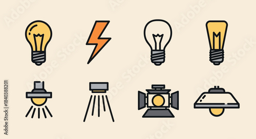 Diverse Lighting Solutions - Bulbs, Lightning Bolt, and Studio Lights.