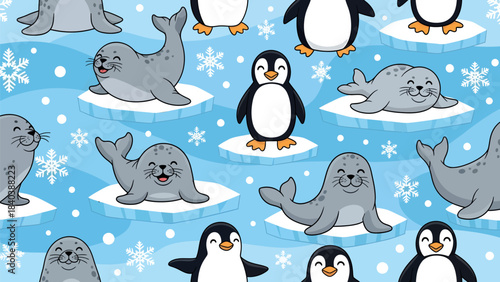 Seamless kids pattern with cartoon seals and penguins on ice floes