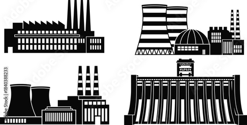 Industrial factory icons set featuring power plants, nuclear stations, hydroelectric dams, energy production buildings, manufacturing facilities and utility infrastructure silhouettes for engineering 