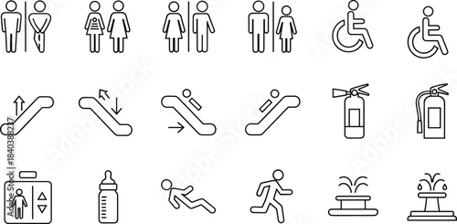 Public facility icons set featuring restroom symbols, accessibility signs, escalator directions, safety equipment, emergency indicators, and general wayfinding pictograms for modern infrastructure 
