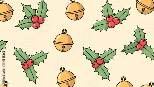 Seamless holiday pattern with holly berries and classic jingle bells for wrapping paper