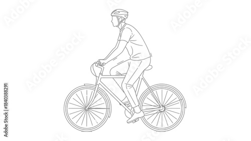 Minimalist line art illustration of a person on a bicycle, wearing a helmet, representing healthy outdoor activity, urban commuting, and an active, eco-friendly lifestyle in a simple drawing style