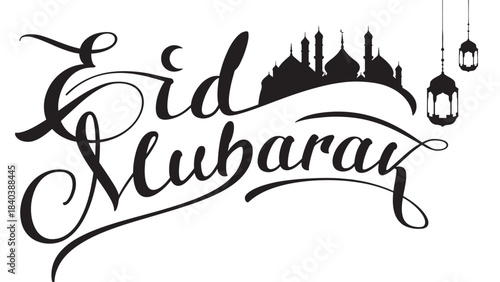 elegant eid mubarak calligraphy with a crescent moon and mosque silhouette on transparent background high quality professional detailed modern stylish clean crisp vibrant colorful digital creative