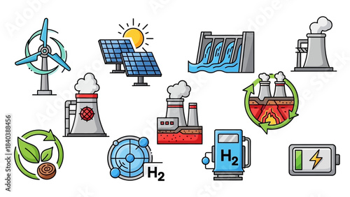 Diverse Renewable Energy Sources and Sustainable Technologies Illustration.