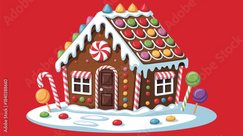 Gingerbread house Christmas holiday illustration with colorful candy, sweet icing, and festive winter decorations, ideal for holiday cards, seasonal designs, and bakery illustrations