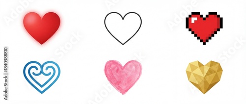 Heart Icon Set for Love, Romance and Affection Themes. Featuring Outline, Pixel, Geometric, Hand Drawn and Artistic Heart Symbols. Panoramic