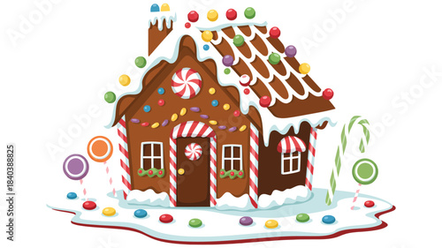 Gingerbread house Christmas holiday illustration with colorful candy, sweet icing, and festive winter decorations, ideal for holiday cards, seasonal designs, and bakery illustrations
