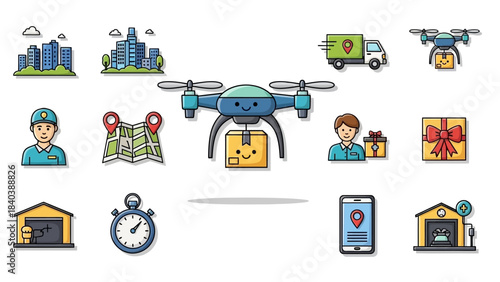 Drone Delivery Service with Package and Cityscape Illustrations.