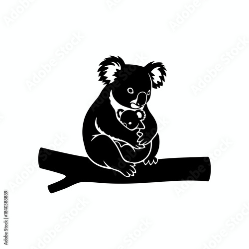 Koala silhouette cuddling with baby on branch vector illustration