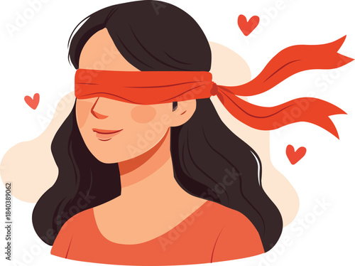 Romantic blindfolded woman illustration, modern clipart with floating hearts