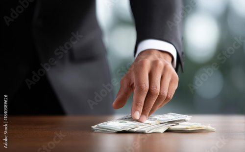 Serious businessman with hand on money for payment or salary. focused man counting cash on table in business finance transaction in an office