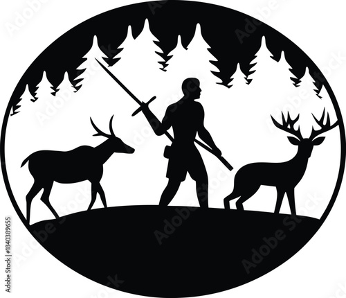Tribal hunting scene silhouette vector art illustration