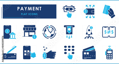 A set of flat icons related to Payment. Pay, wallet, digital, online, cardless, worldwide, buy, cheque, transfer, withdrawal, shopping, and so on.