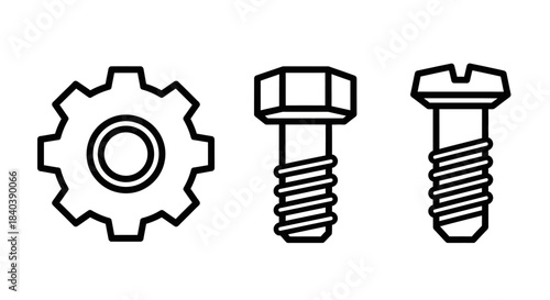 Gear, Hex Bolt, and Slotted Screw Line Art Illustration.