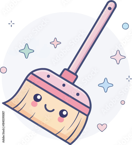 Cute Kawaii Broom Icon for Cleaning and Housekeeping
