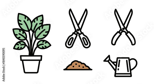 Gardening Tools and Potted Plant Illustration for Gardening Enthusiasts.