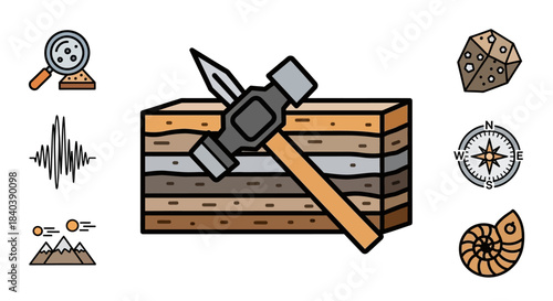 Geology Tools and Rock Layers - A Colorful Illustration of Earth Science.