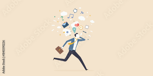 A businessman running with ideas and thoughts exploding from his head