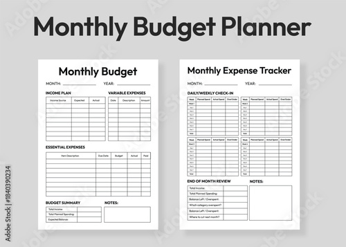 Monthly Budget Planner Template Design, Expense Tracker Layout, Budget Planning Worksheets, Printable Finance Planner Set.
