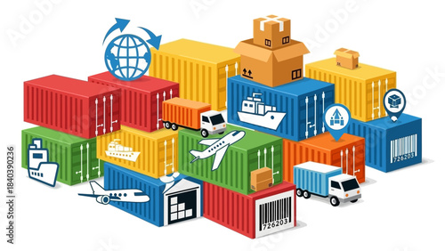 Global Logistics and Transportation Network with Shipping Containers and Delivery Vehicles.