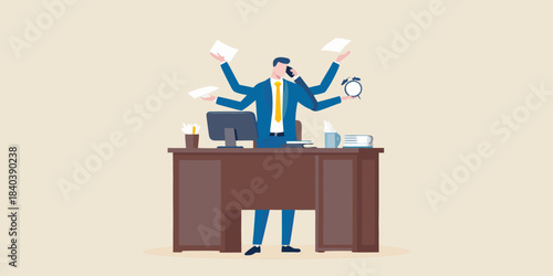 Overworked businessman juggling multiple tasks with papers clock and office setting