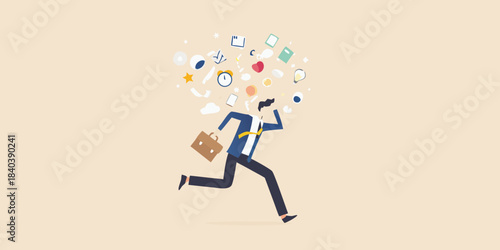 Overwhelmed businessman running with scattered icons floating around his head