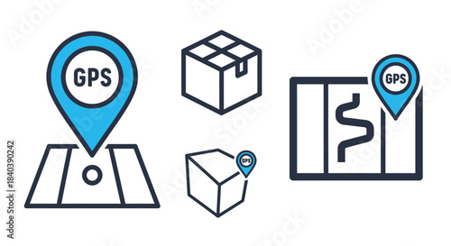 GPS Tracking and Logistics Icons - Location, Package, and Map.