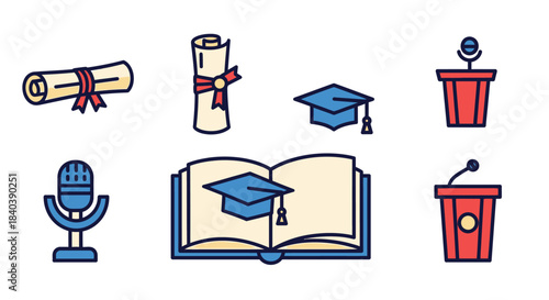 Graduation Ceremony Elements - Diploma, Mortarboard, Podium, and Open Book.