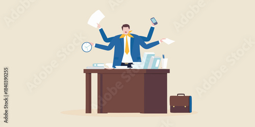 Overwhelmed businessman juggling papers phone and time on a cluttered desk