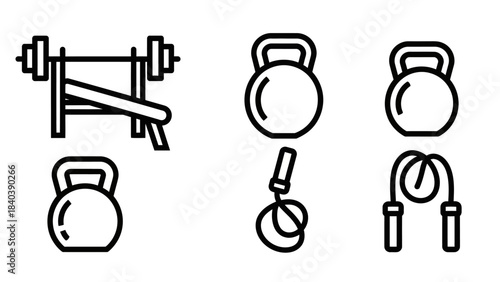 Gym Equipment Icons - Bench Press, Kettlebells, and Jump Ropes.