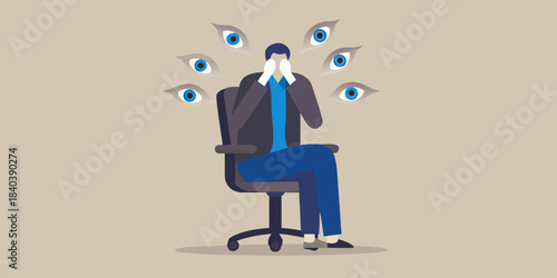 Feeling watched and overwhelmed a man surrounded by many watchful eyes
