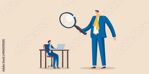 A large figure uses a magnifying glass to examine a small person working