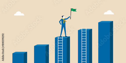Businessperson reaching the summit of a growth chart with a waving flag