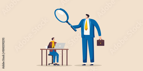 A large figure examines a smaller worker with a magnifying glass