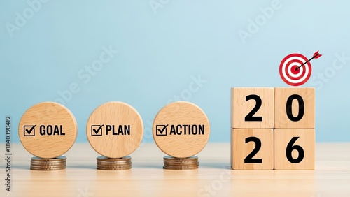 New year 2026 goals plan action with target and arrow symbolizing success and achievement