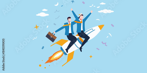Businessmen riding a rocket symbolizing success and career growth in a vibrant scene