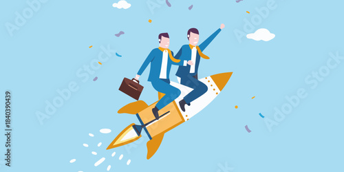 Business professionals successfully launching towards success on a rocket ship