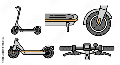 Electric Scooter Parts and Full View Illustration Set.