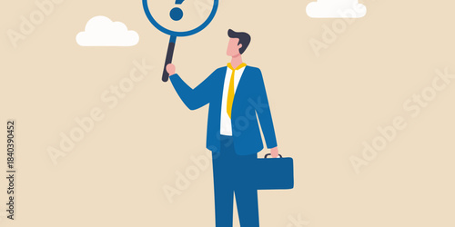 A businessman contemplates a question mark held aloft in a minimalist style