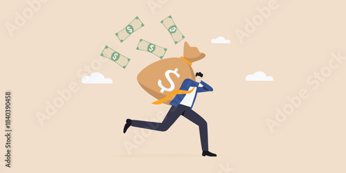 Businessperson running with a bag of money financial success and wealth concept