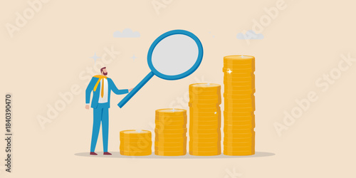 A person examining growing stacks of gold coins with a magnifying glass