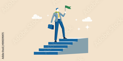 A businessman ascending steps with a green flag symbolizing success and achievement