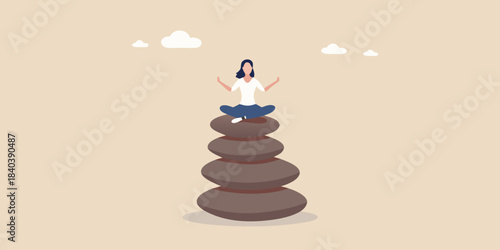 A woman meditating in a lotus position on a stack of balanced stones