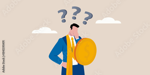 A man contemplates financial uncertainty with question marks above his head