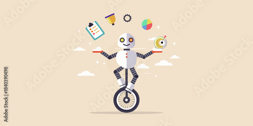 A whimsical robot skillfully balances on a unicycle with various objects