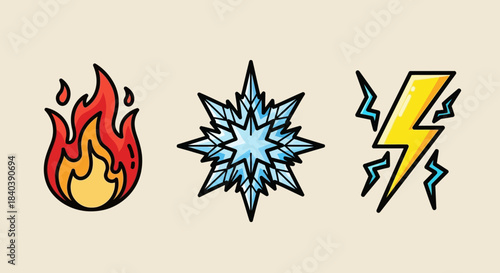 Elemental Icons - Fire, Ice, and Lightning Cartoon Illustrations.