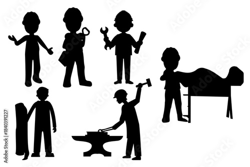 Worker silhouette set showing various tradesmen and laborers, including a blacksmith, mechanic, construction worker, and general repairman, symbolizing industrial and vocational occupations