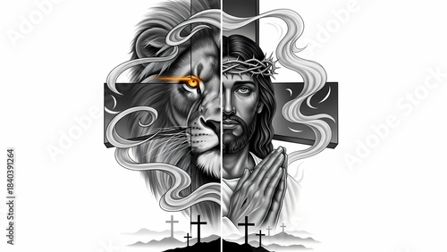 Striking split-image of a roaring lion and Christ in prayer, united by a glowing cross and swirling smoke, symbolizing divine strength and spiritual sacrifice.